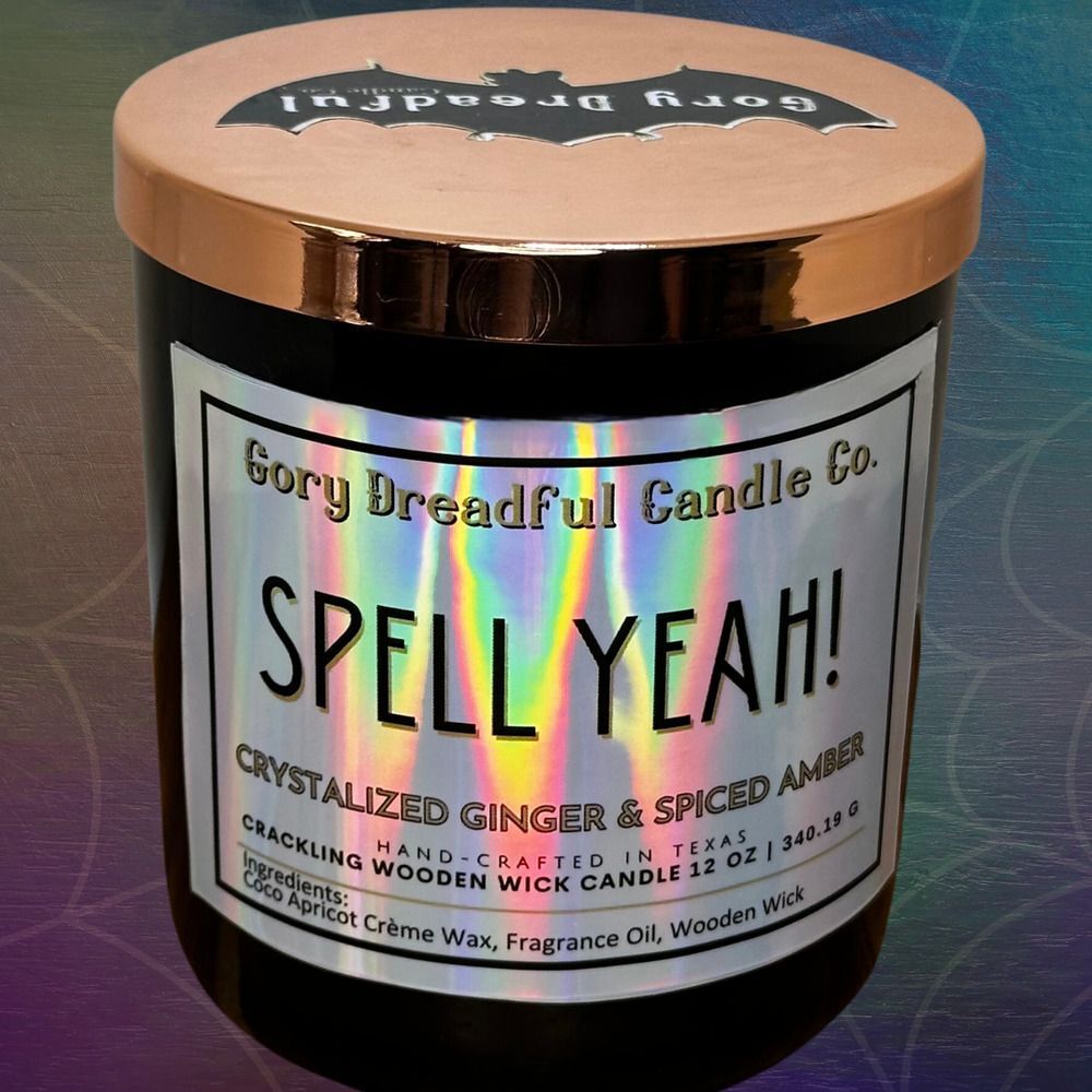 Spell Yeah! Crackling Wooden Wick Candle: Crystallized Ginger Spiced Amber Scent